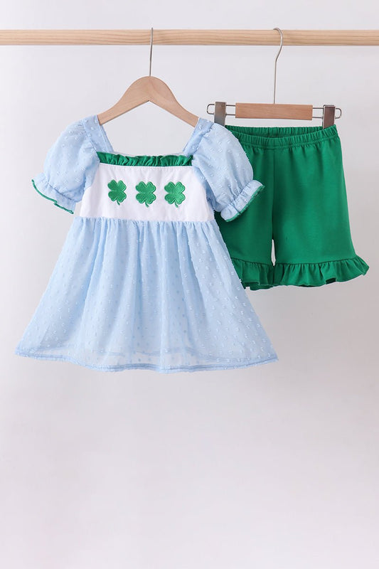 Blue clover embroidery swiss dot shorts set - Abbies Place