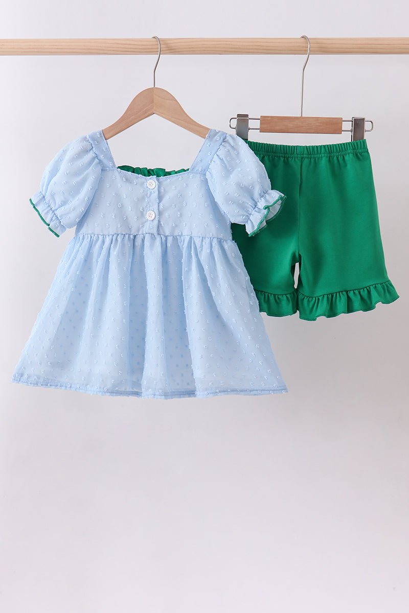 Blue clover embroidery swiss dot shorts set - Abbies Place