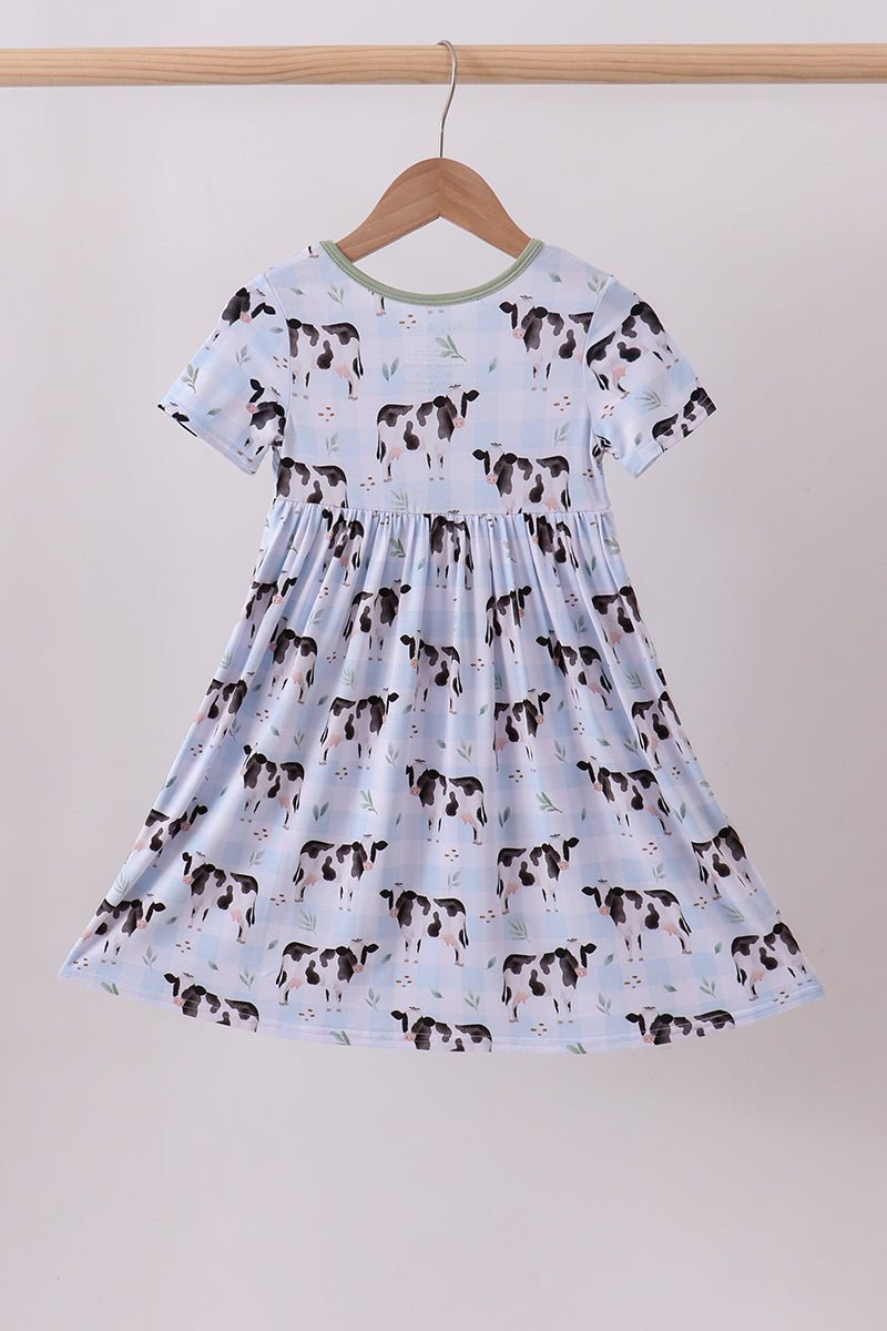 Blue cow print bamboo gingham dress - Abbies Place