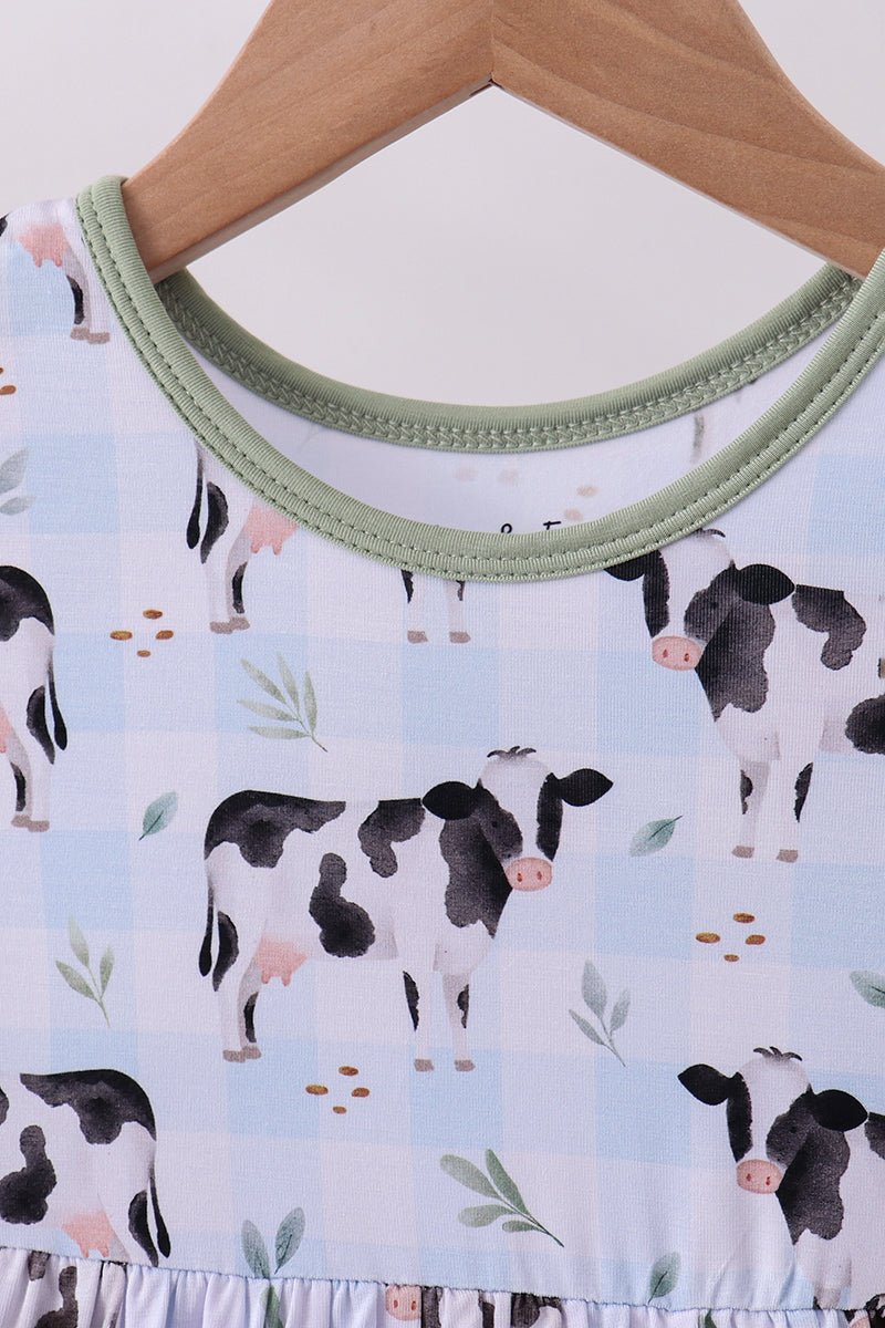 Blue cow print bamboo gingham dress - Abbies Place