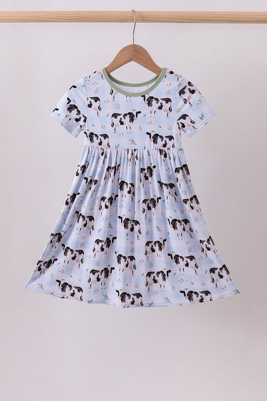 Blue cow print bamboo gingham dress - Abbies Place