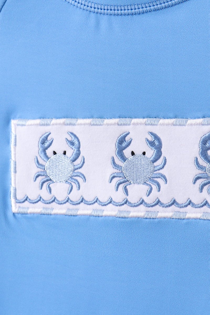 Blue crab embroidery stripe shorts swimsuit - Abbies Place