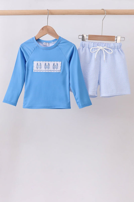 Blue crab embroidery stripe shorts swimsuit - Abbies Place