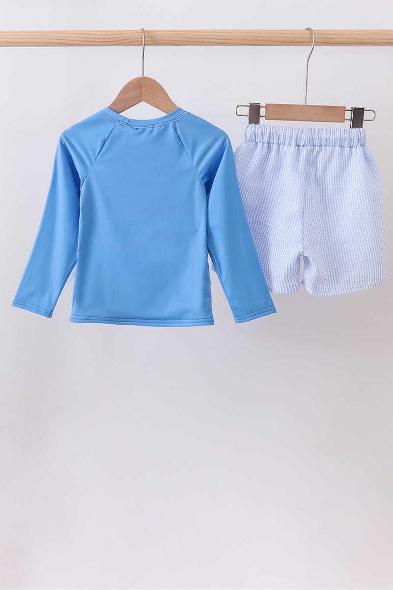 Blue crab embroidery stripe shorts swimsuit - Abbies Place