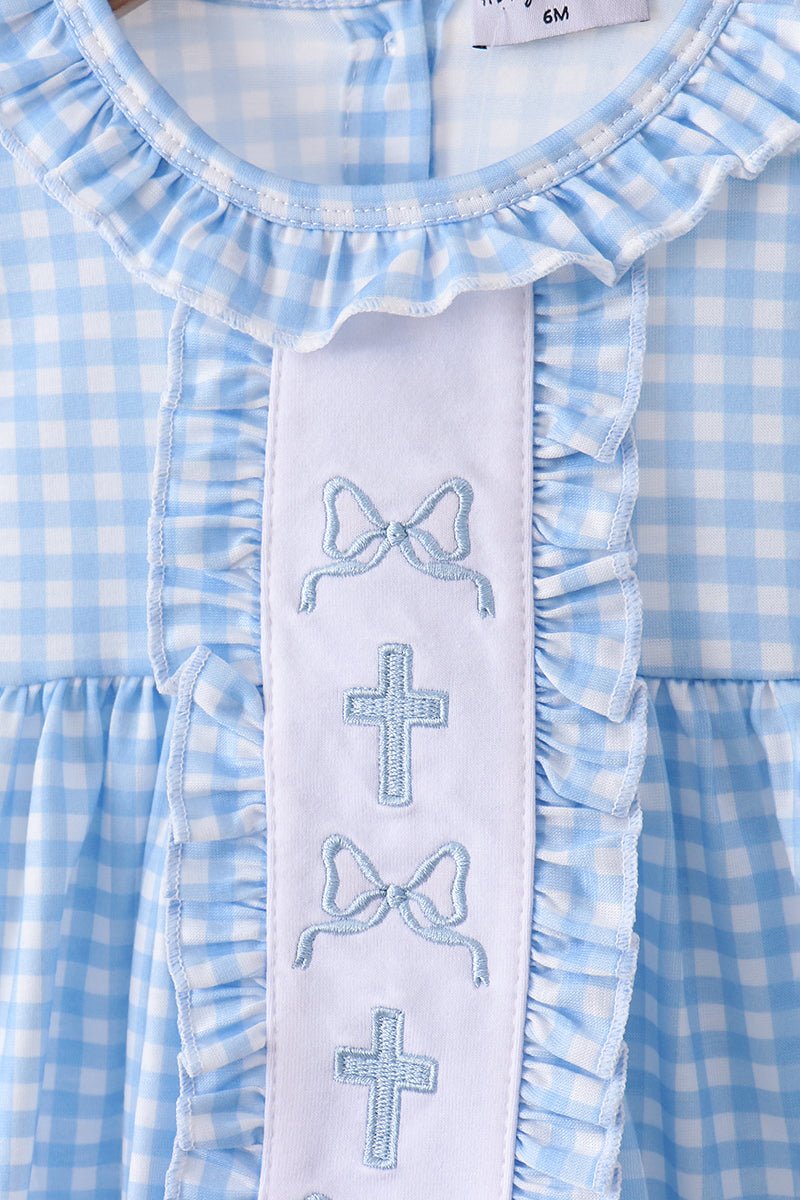 Blue cross bow embroidery ruffle gingham bloomer set - Abbies Place