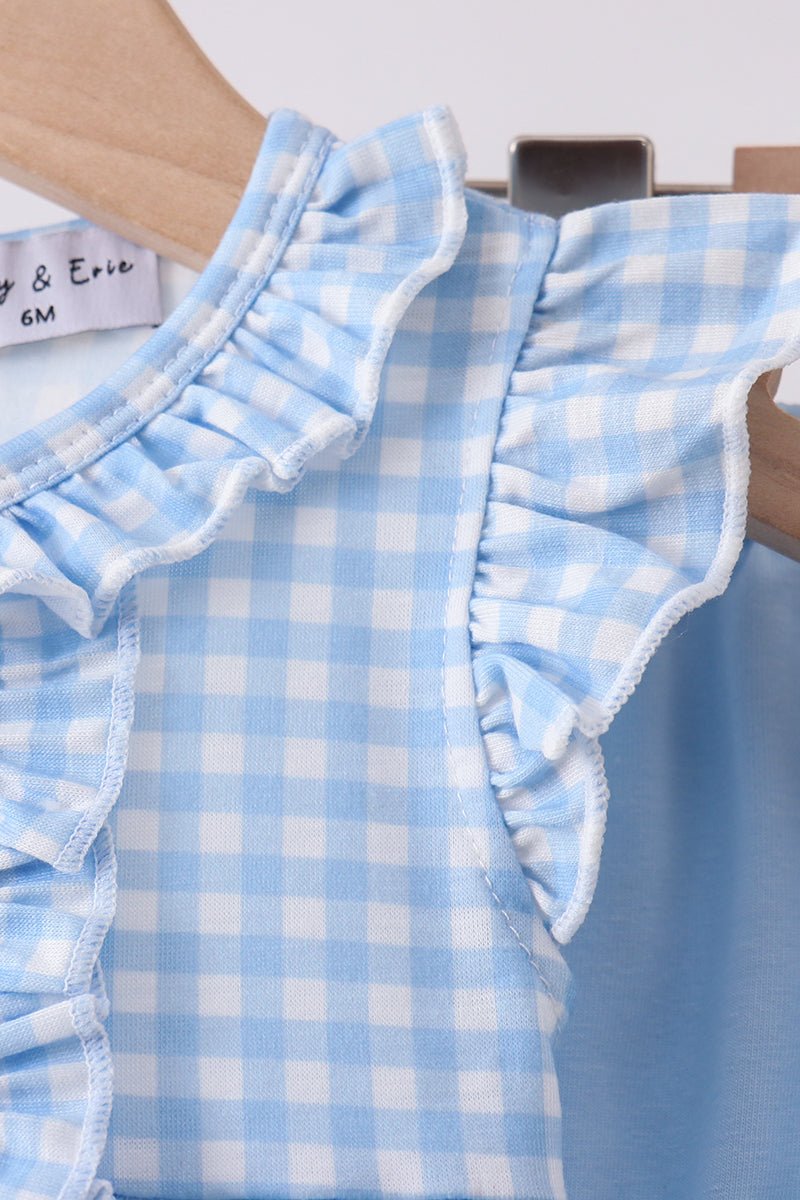Blue cross bow embroidery ruffle gingham bloomer set - Abbies Place
