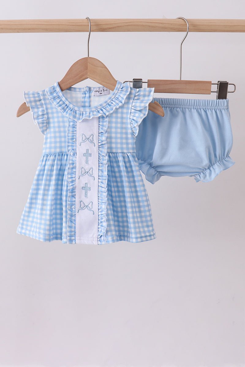 Blue cross bow embroidery ruffle gingham bloomer set - Abbies Place