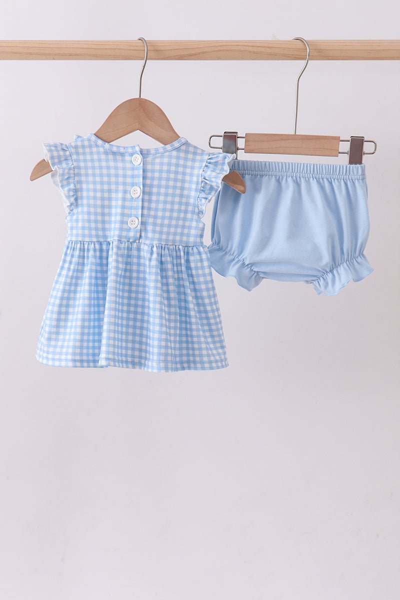 Blue cross bow embroidery ruffle gingham bloomer set - Abbies Place
