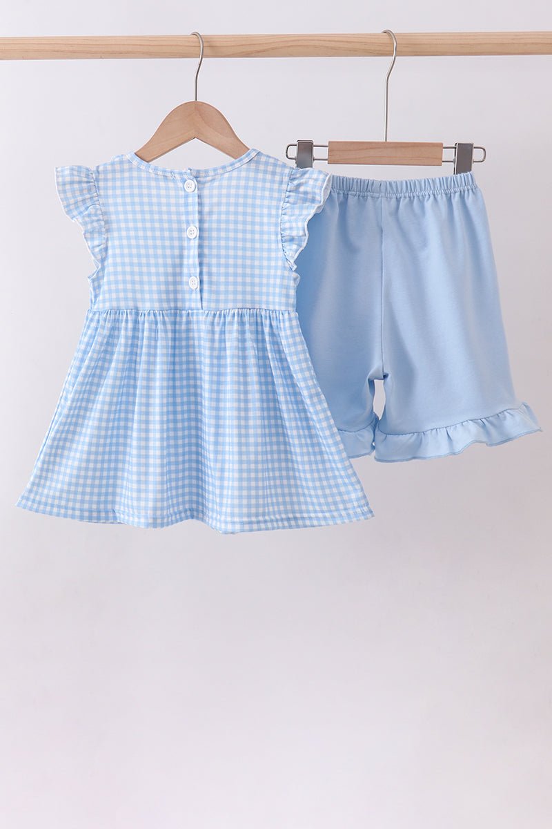 Blue cross bow embroidery ruffle gingham shorts set - Abbies Place