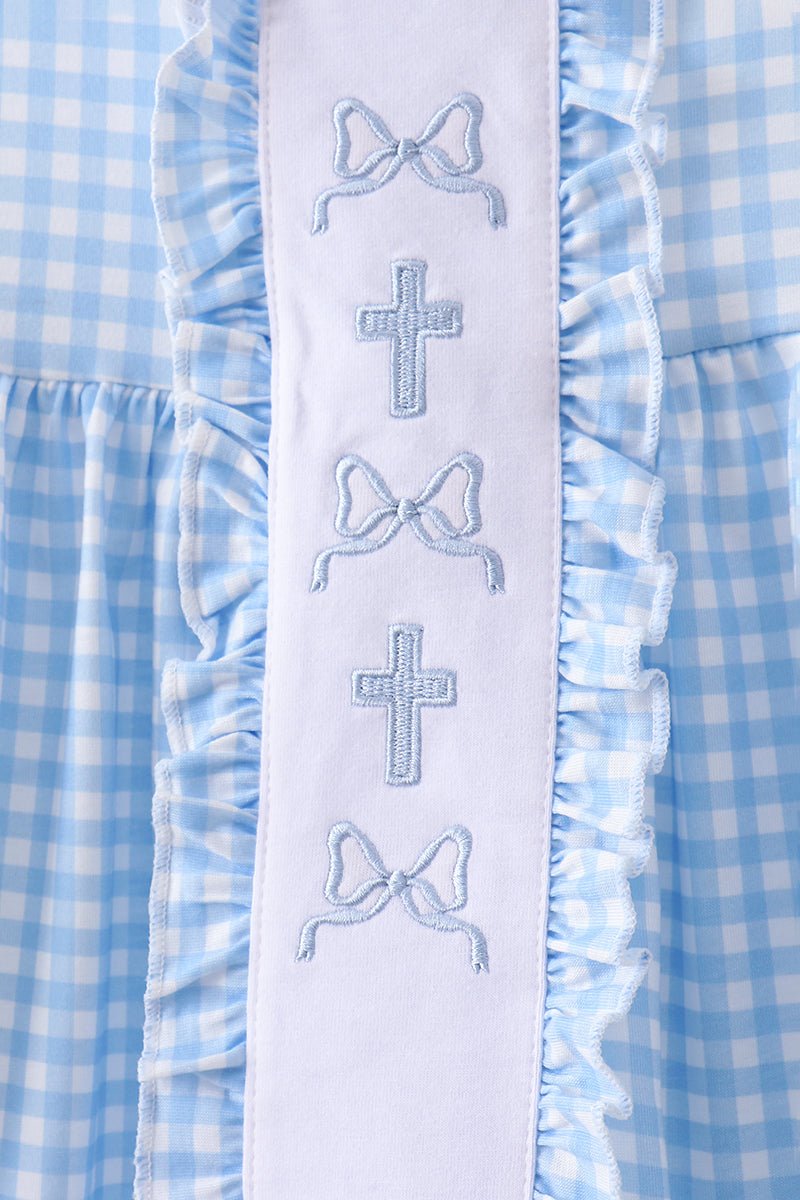 Blue cross bow embroidery ruffle gingham shorts set - Abbies Place