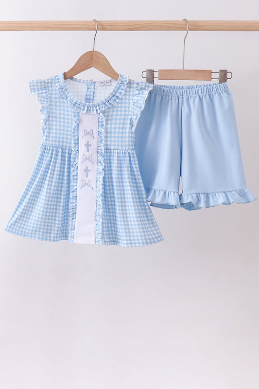 Blue cross bow embroidery ruffle gingham shorts set - Abbies Place