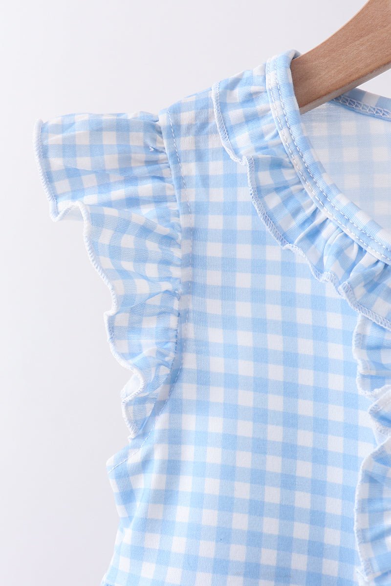 Blue cross bow embroidery ruffle gingham shorts set - Abbies Place