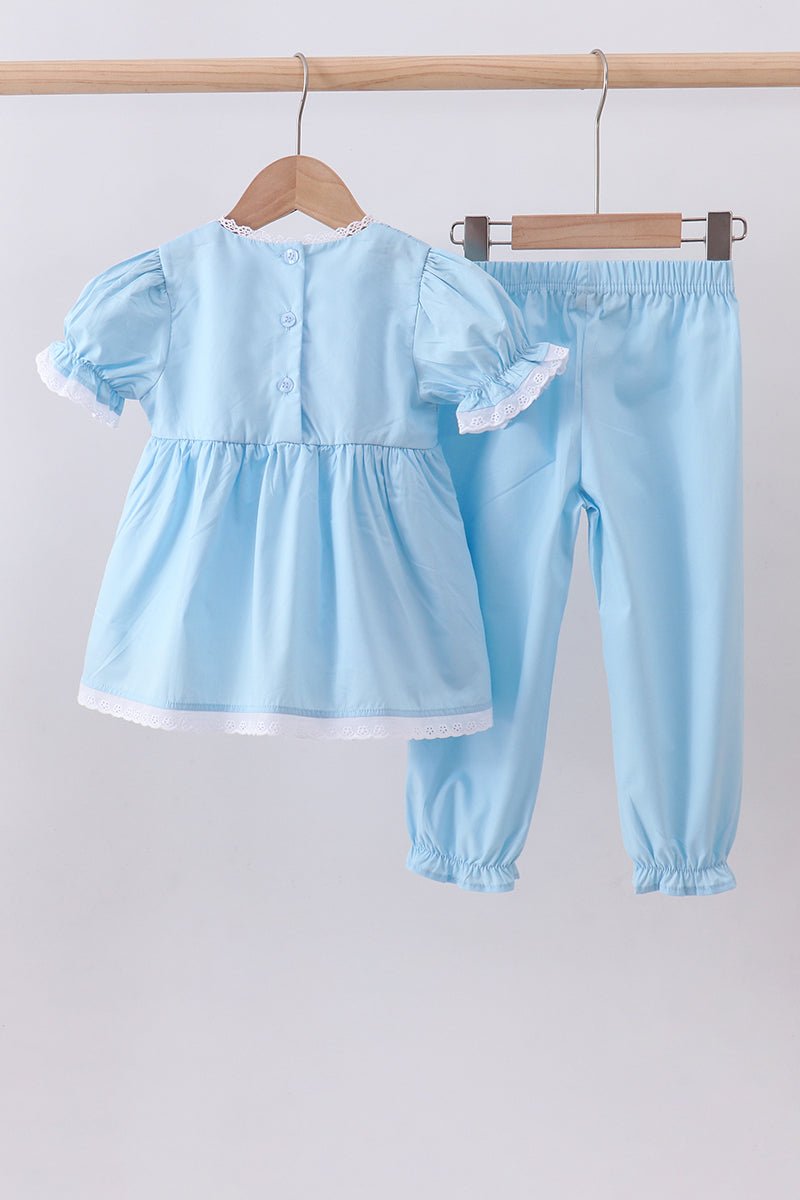 Blue cross embroidery lace pants set - Abbies Place