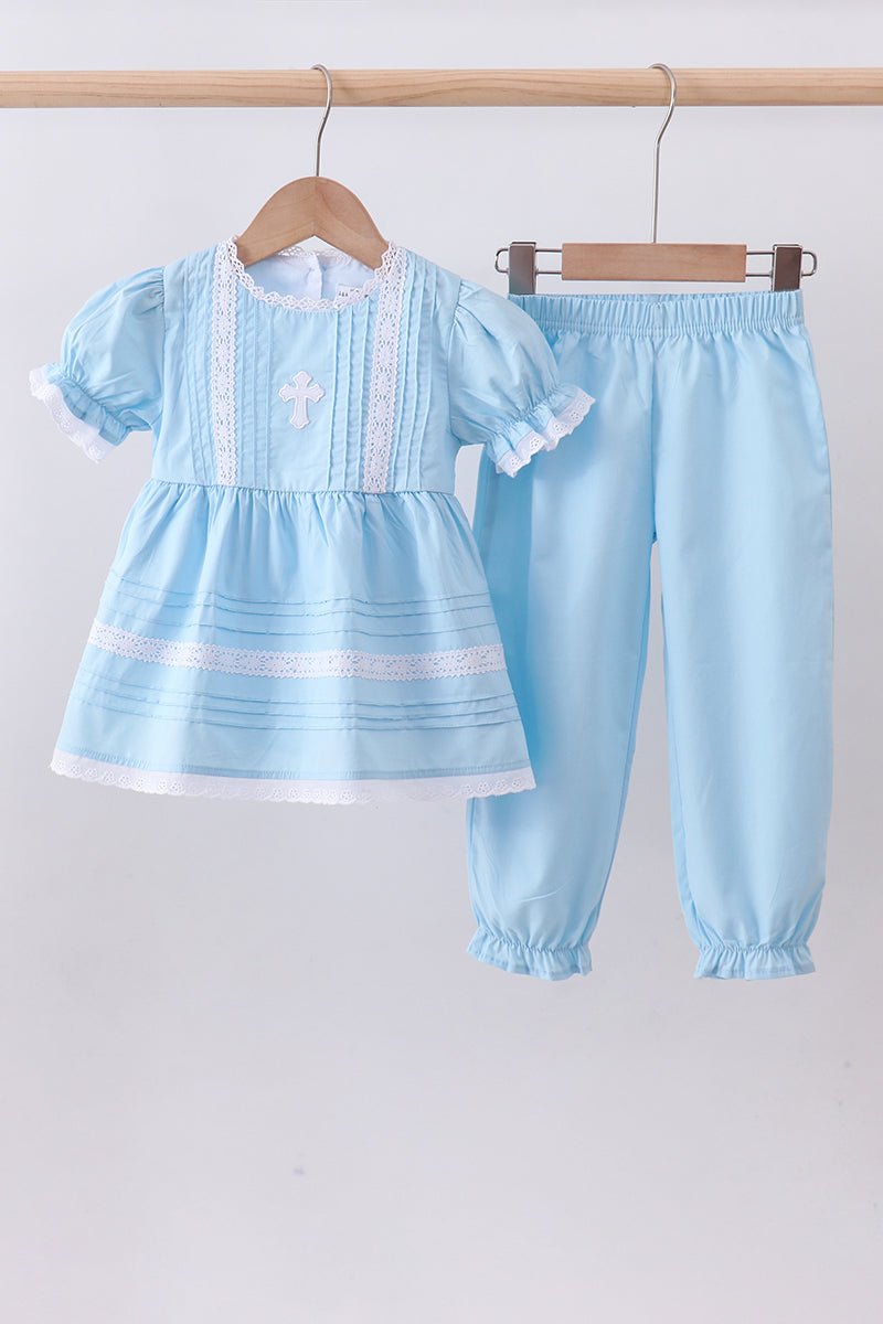 Blue cross embroidery lace pants set - Abbies Place
