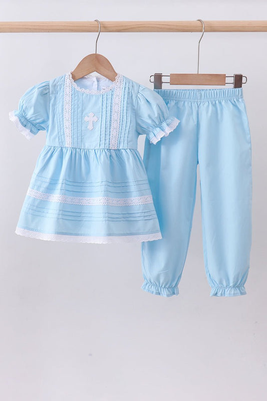 Blue cross embroidery lace pants set - Abbies Place