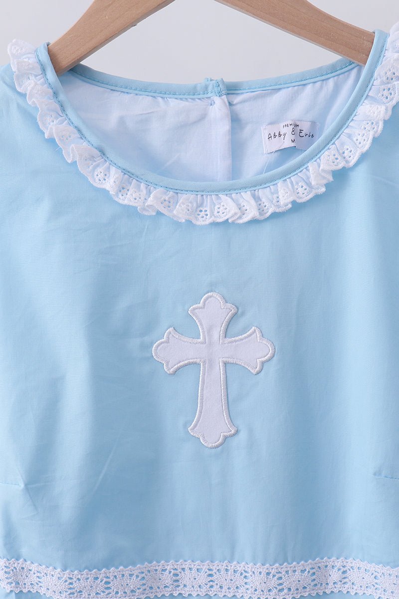 Blue cross embroidery ruffle tiered dress - Abbies Place