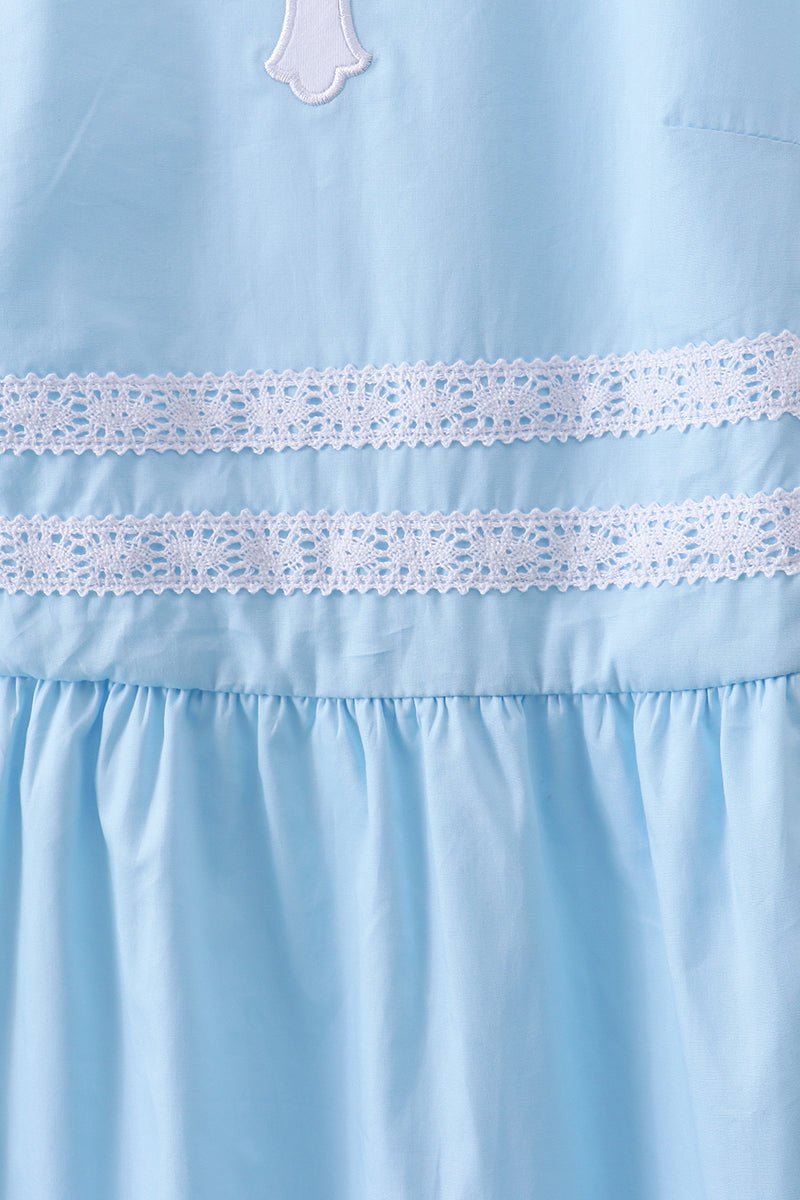 Blue cross embroidery ruffle tiered dress - Abbies Place