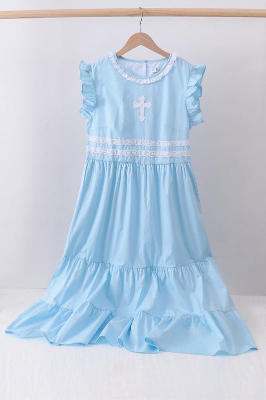 Blue cross embroidery ruffle tiered dress - Abbies Place