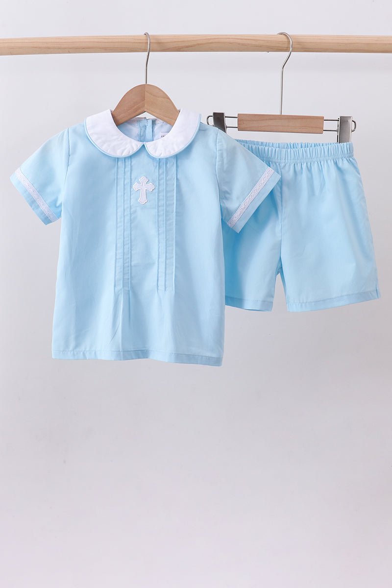 Blue cross embroidery shorts set - Abbies Place
