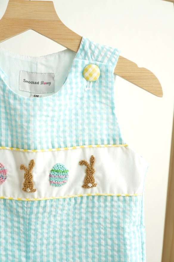 Blue easter bunny egg french knot boy gingham seersucker jonjon - Abbies Place