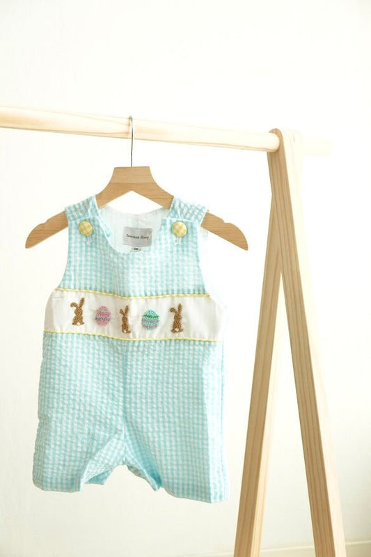 Blue easter bunny egg french knot boy gingham seersucker jonjon - Abbies Place