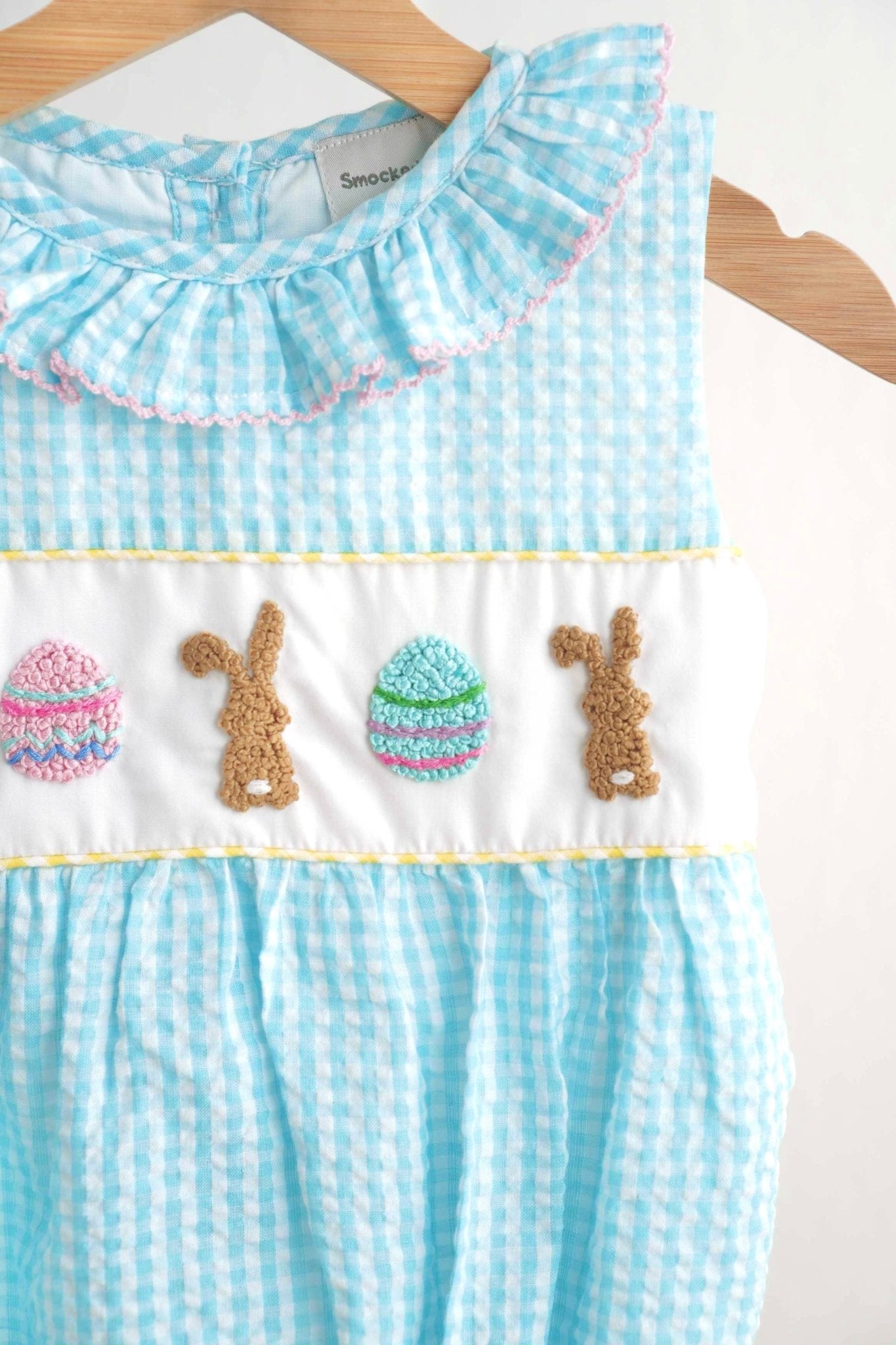 Blue easter bunny egg french knot girl gingham seersucker bubble - Abbies Place