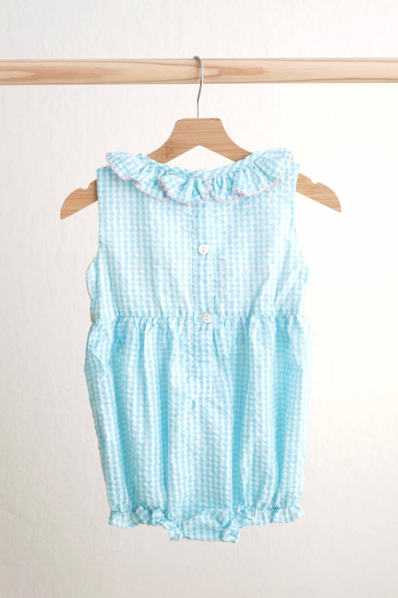 Blue easter bunny egg french knot girl gingham seersucker bubble - Abbies Place