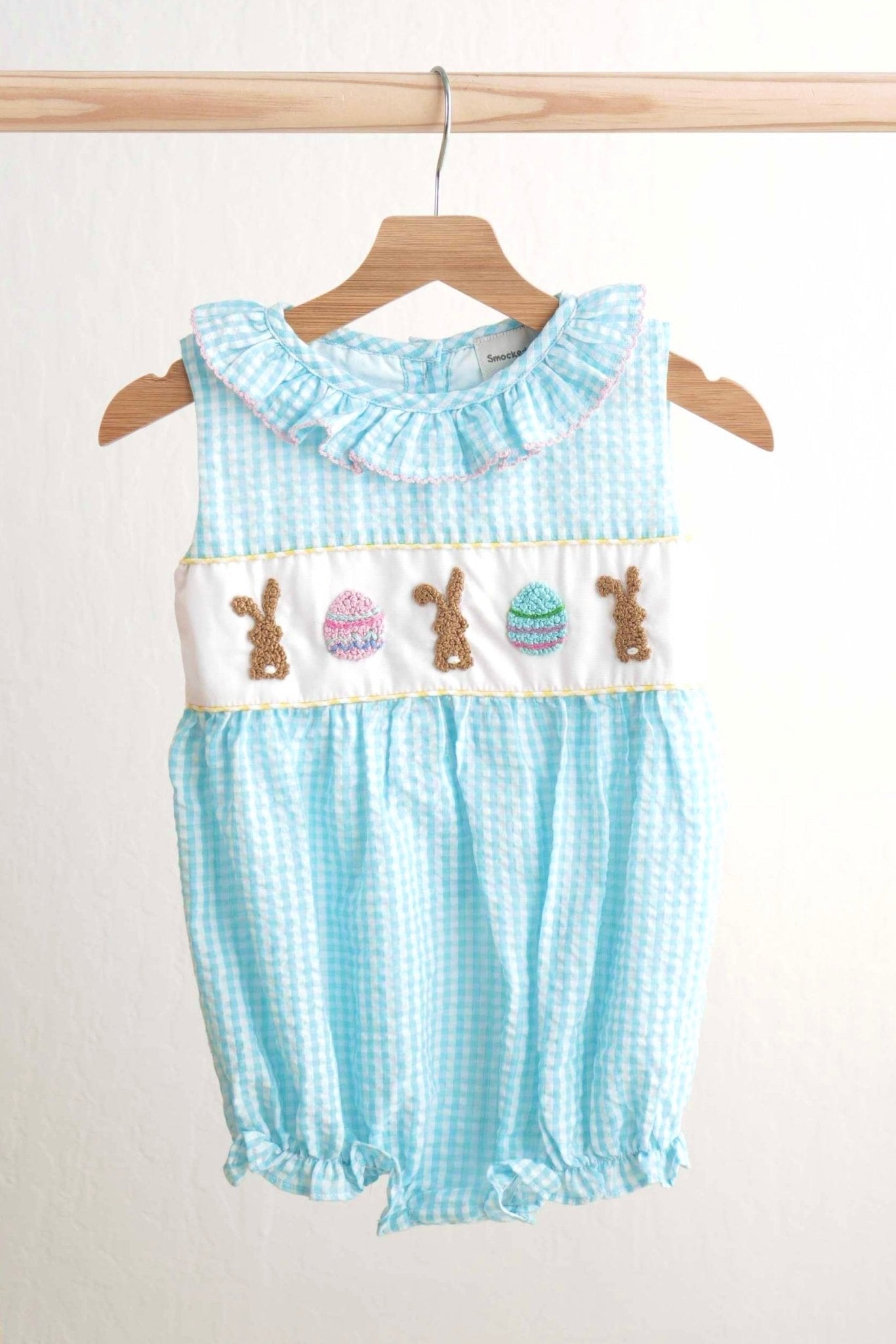 Blue easter bunny egg french knot girl gingham seersucker bubble - Abbies Place