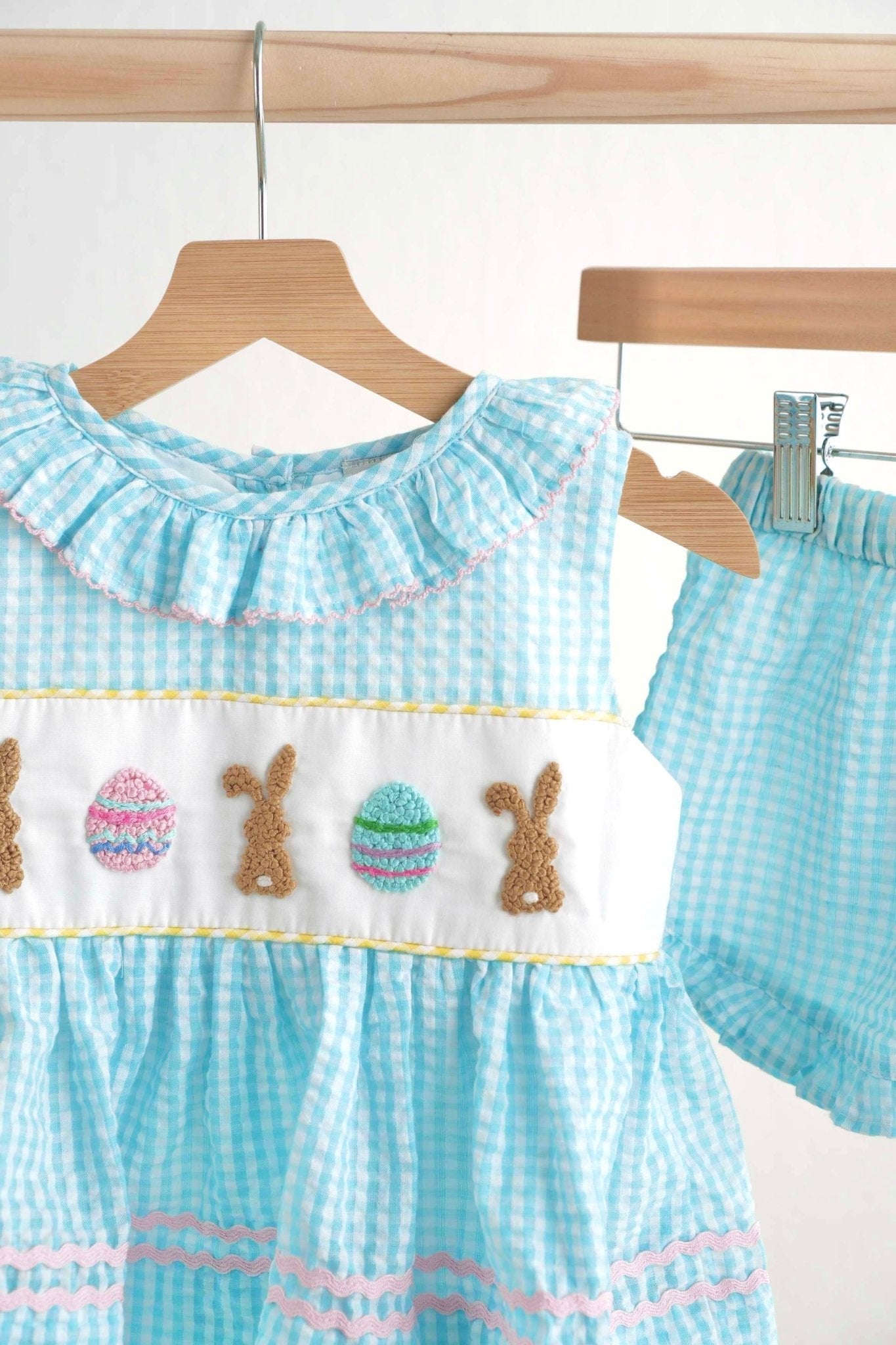 Blue easter bunny egg french knot girl gingham seersucker set - Abbies Place