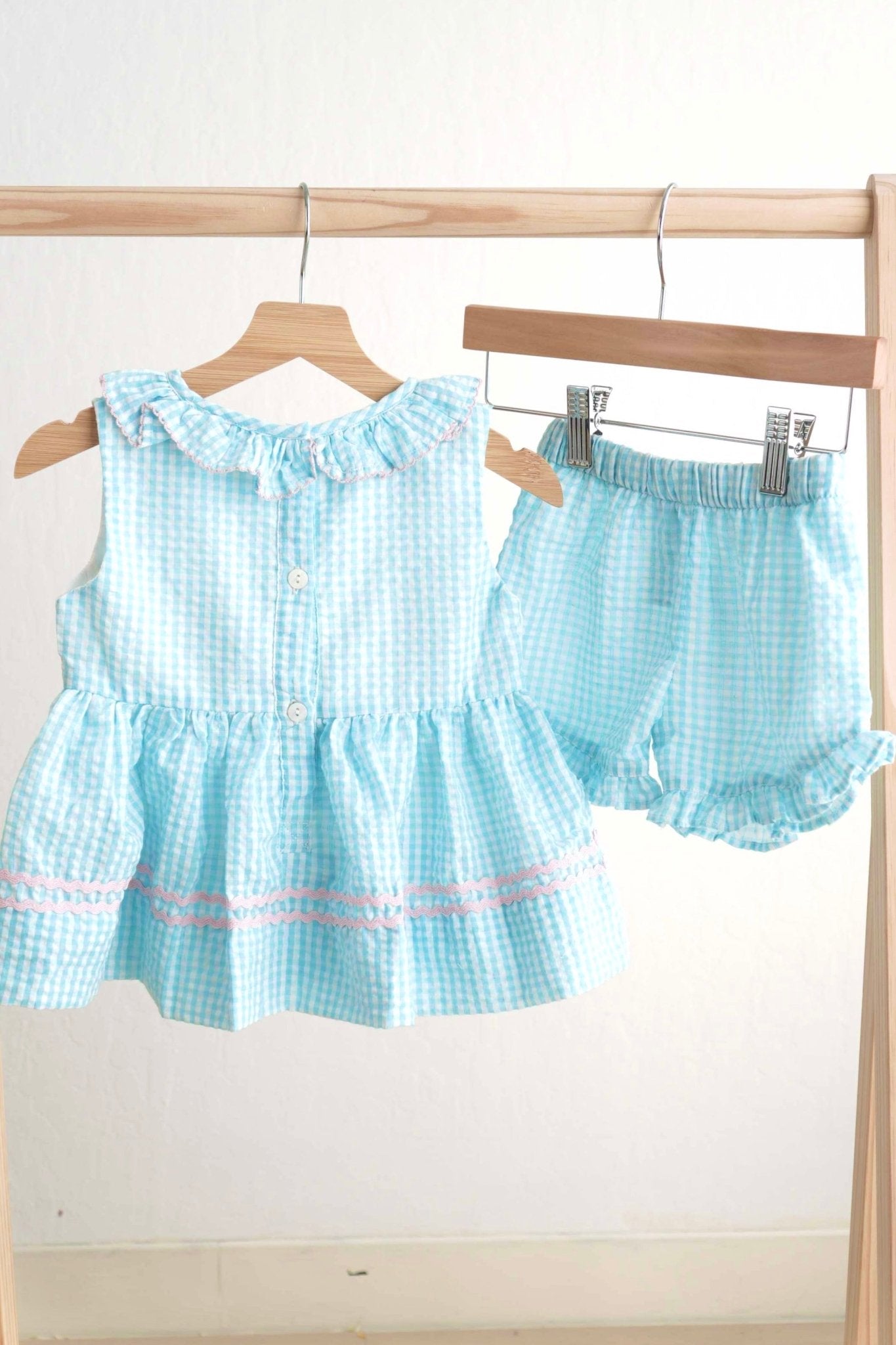 Blue easter bunny egg french knot girl gingham seersucker set - Abbies Place