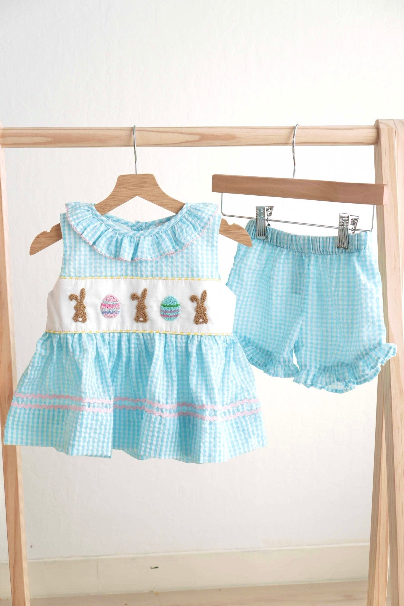 Blue easter bunny egg french knot girl gingham seersucker set - Abbies Place
