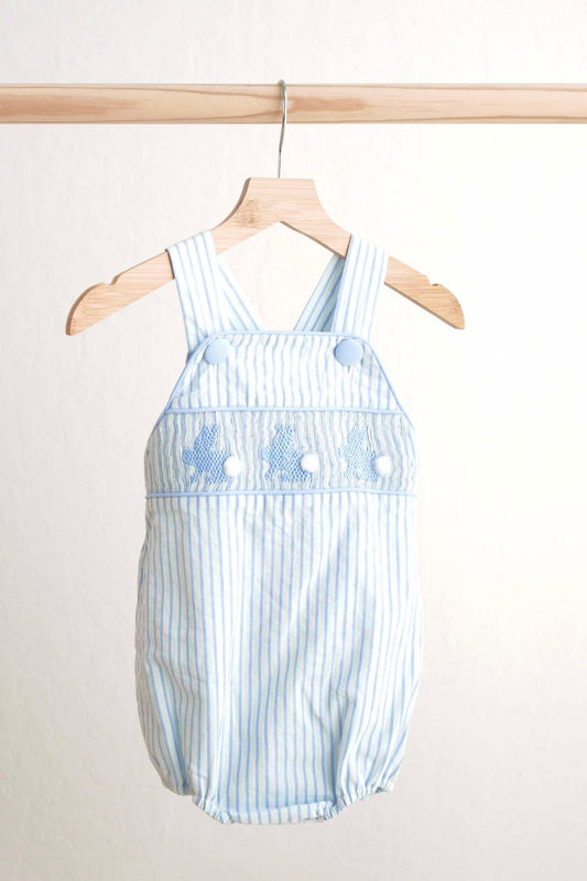Blue easter bunny hand - smocked boy bubble - Abbies Place