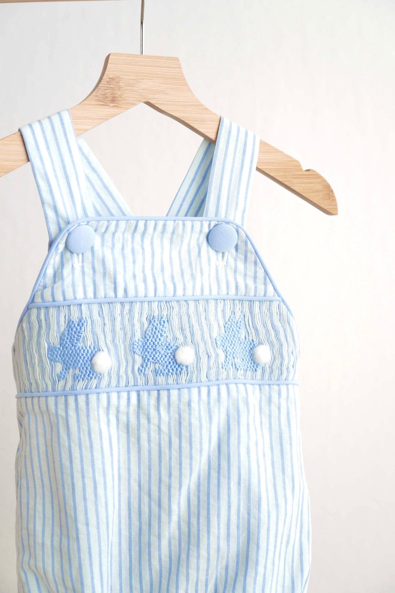 Blue easter bunny hand - smocked boy bubble - Abbies Place