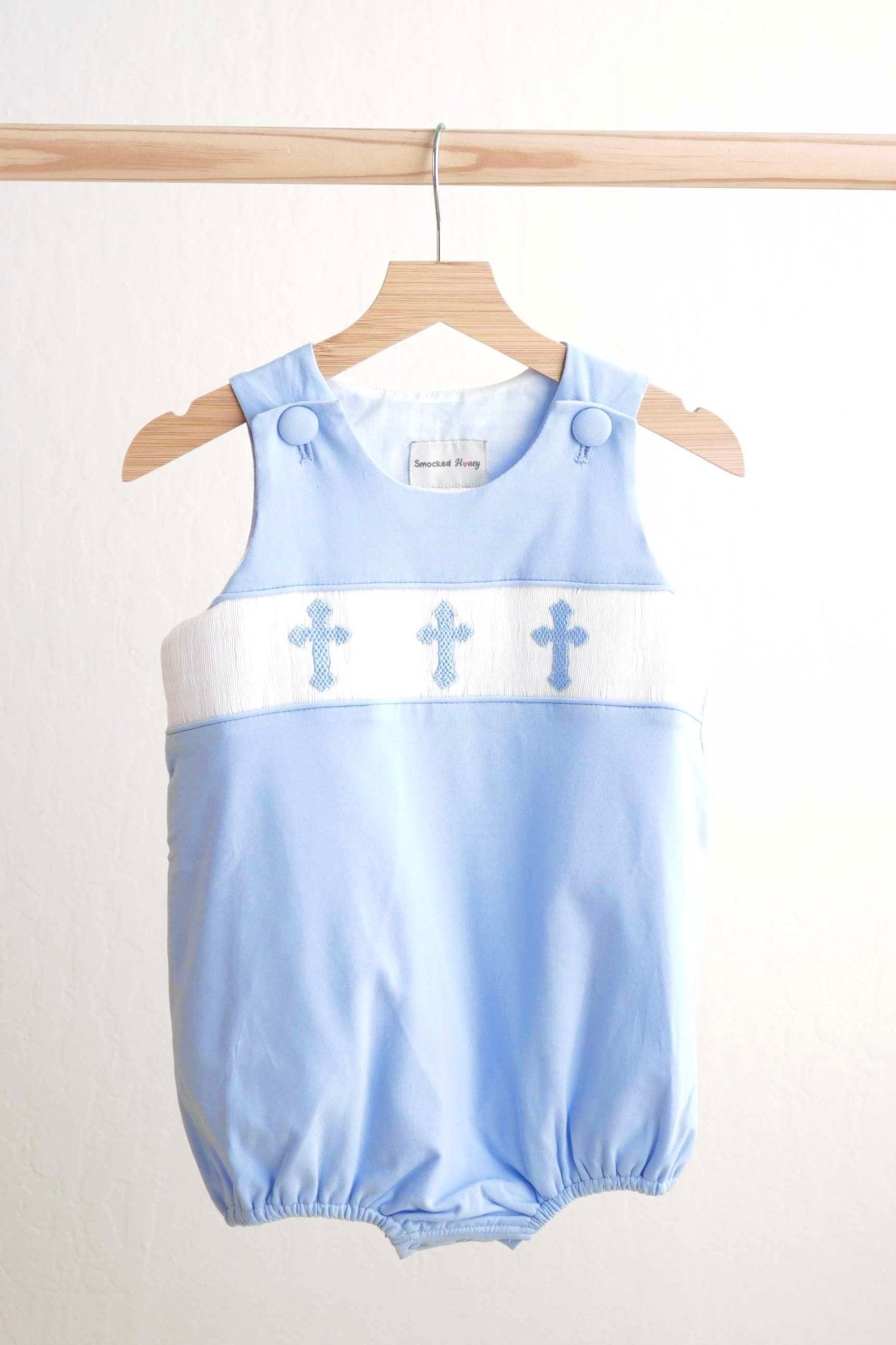 Blue easter cross hand-smokced boy bubble - Abbies Place