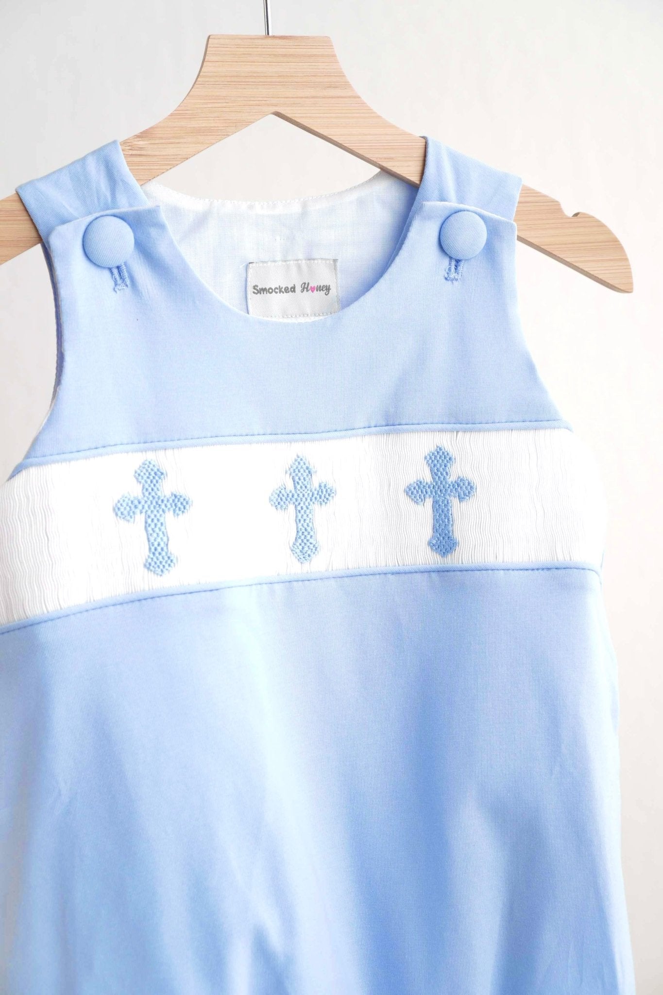 Blue easter cross hand-smokced boy bubble - Abbies Place