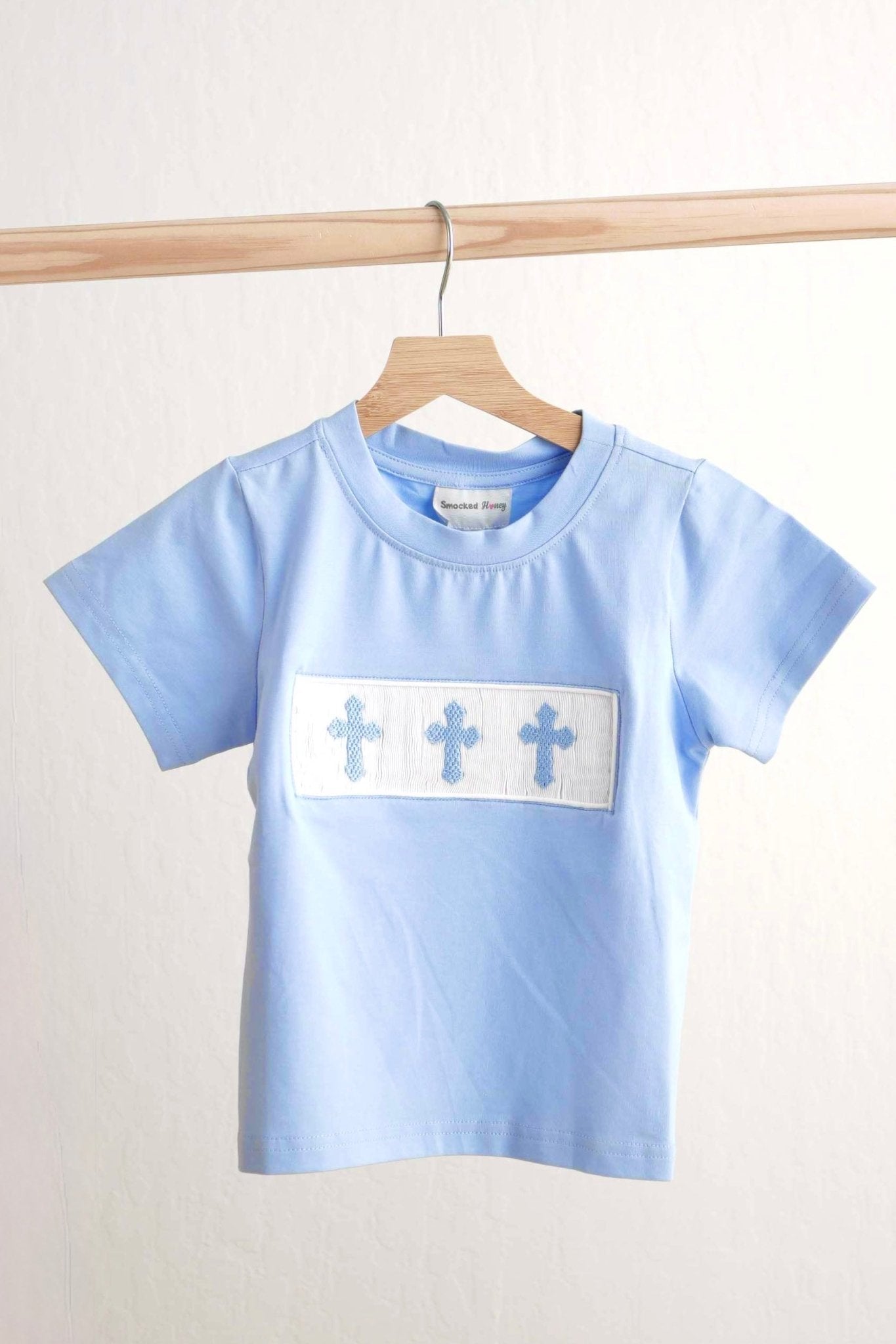 Blue easter cross hand-smokced boy top - Abbies Place