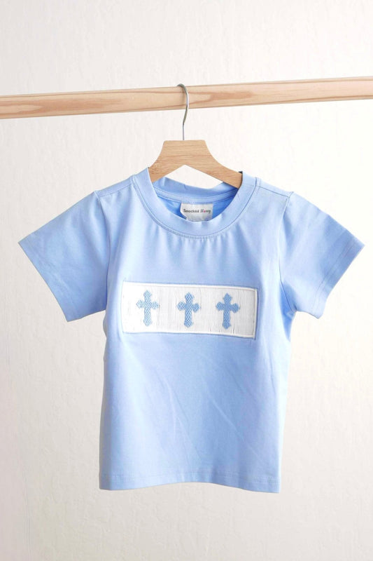 Blue easter cross hand-smokced boy top - Abbies Place