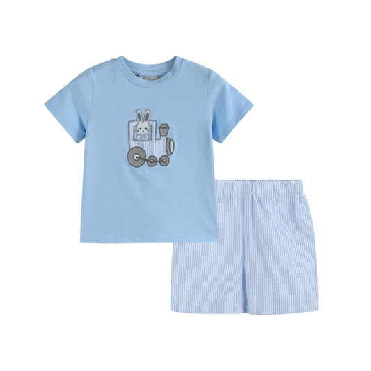 Blue Easter Train T-Shirt and Seersucker Shorts Set - Abbies Place