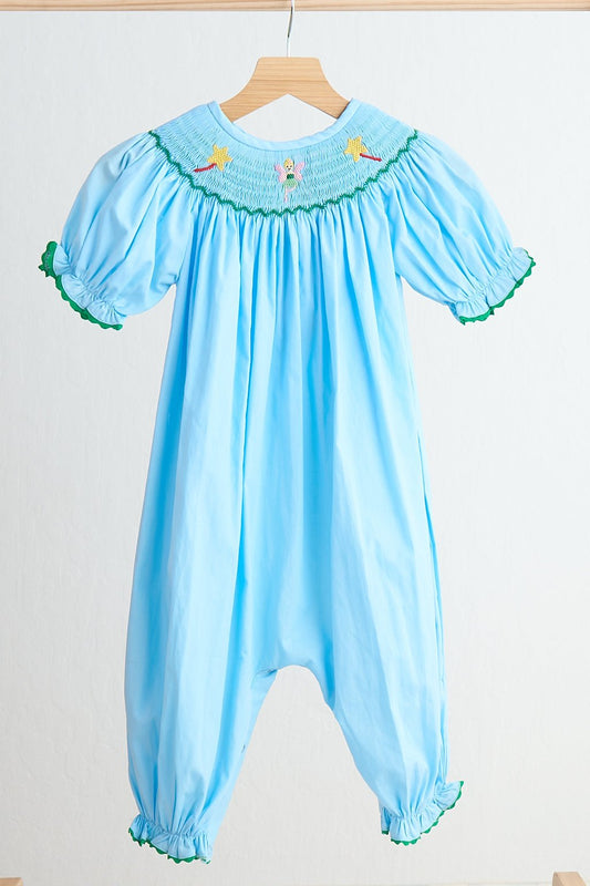 Blue fairy hand smocked gingham girl romper - Abbies Place