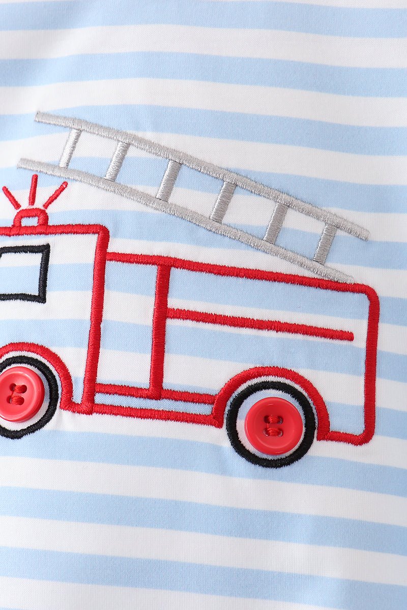Blue Fire Engine Stripe Embroidered Bubble - Abbies Place