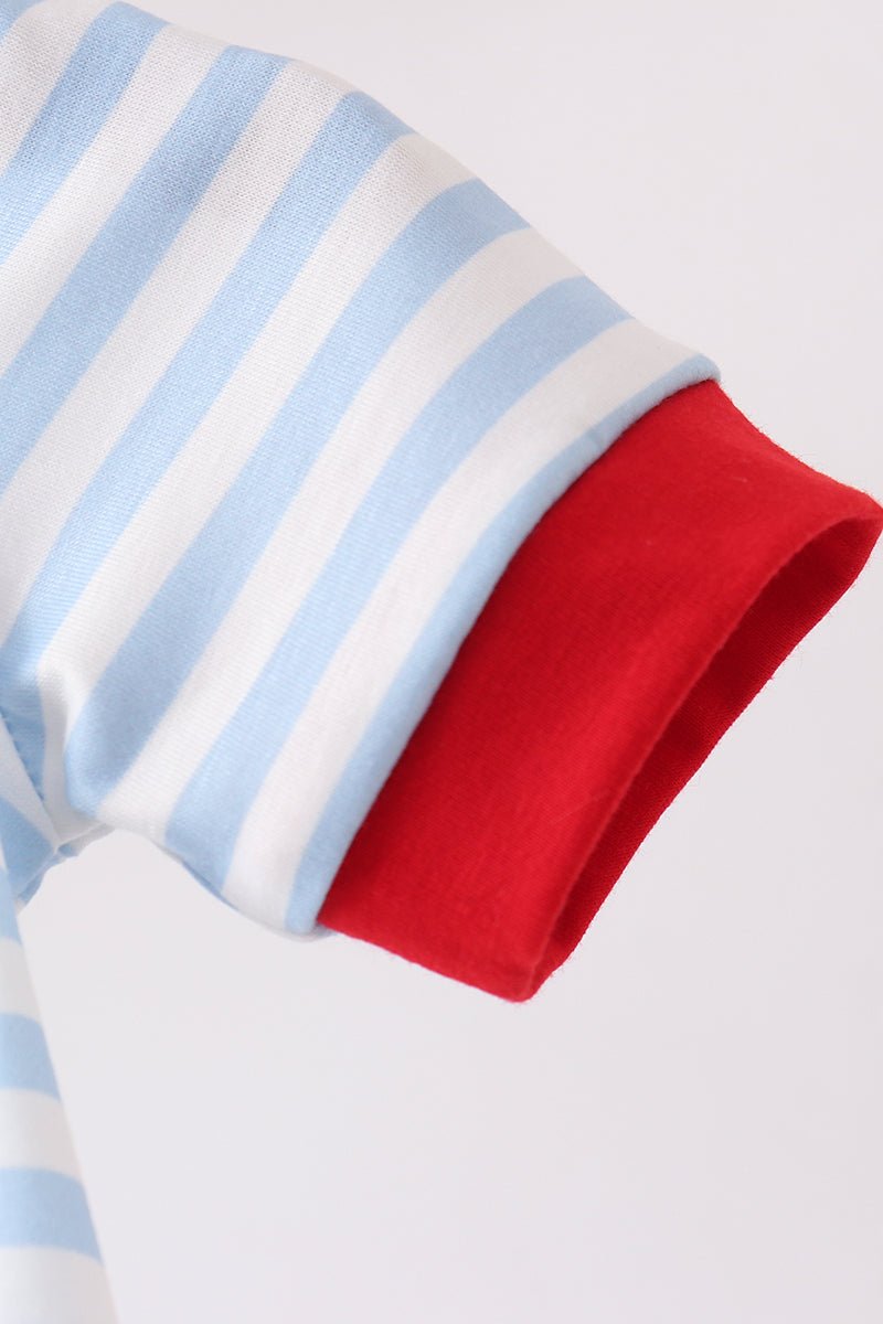 Blue Fire Engine Stripe Embroidered Bubble - Abbies Place