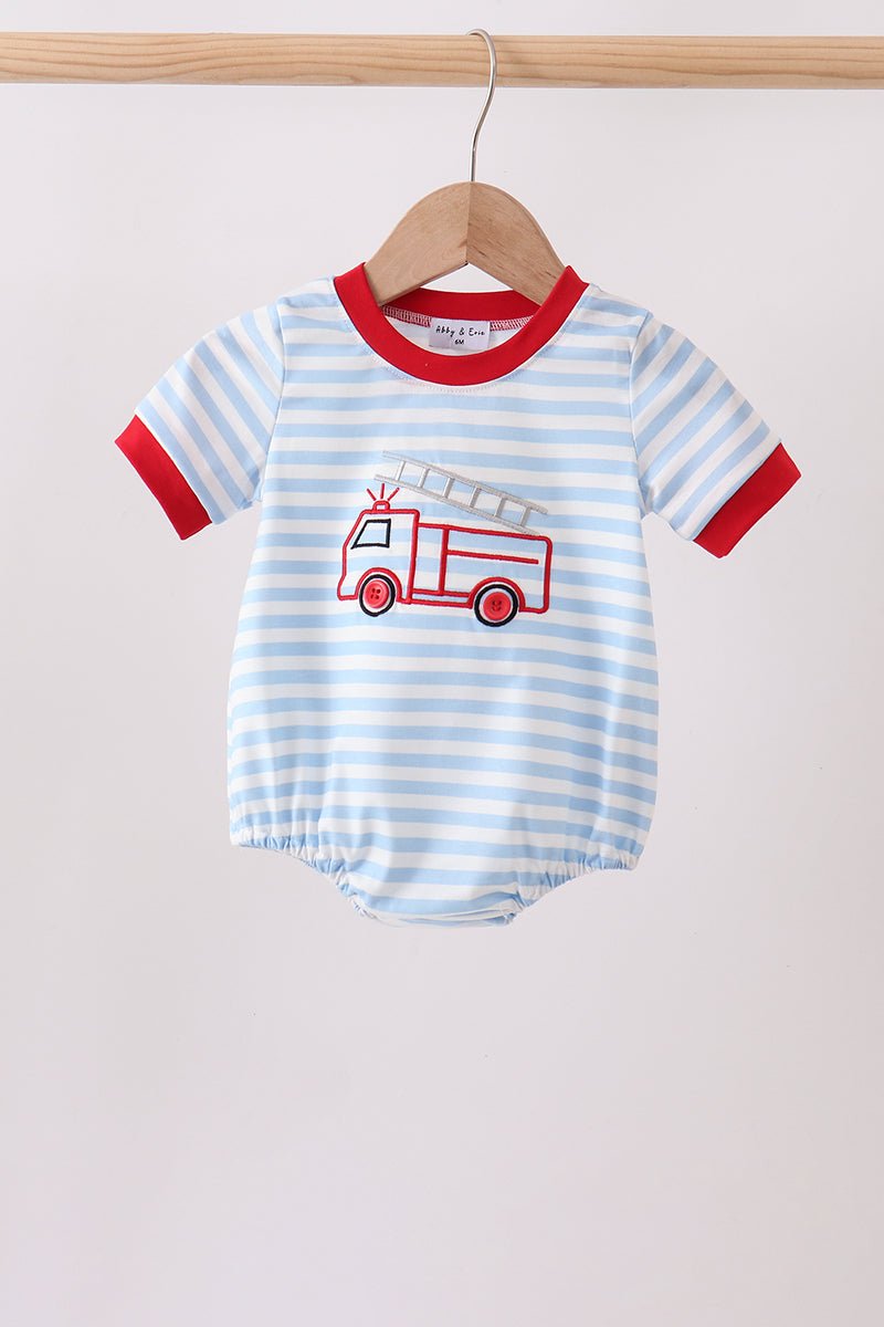Blue Fire Engine Stripe Embroidered Bubble - Abbies Place
