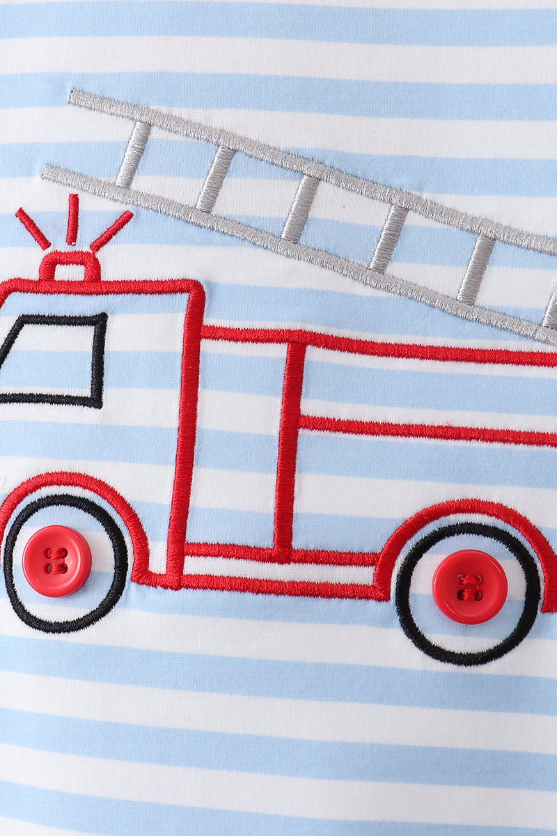 Blue Fire Engine Stripe Embroidered Set - Abbies Place