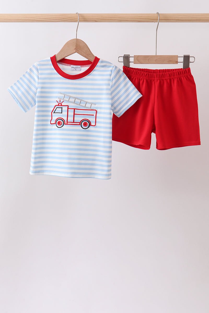 Blue Fire Engine Stripe Embroidered Set - Abbies Place