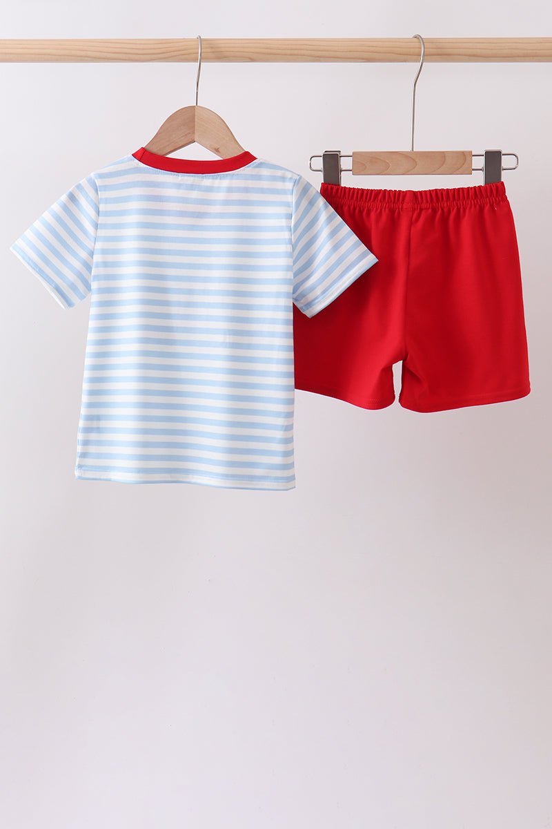 Blue Fire Engine Stripe Embroidered Set - Abbies Place
