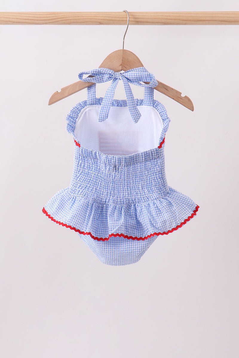 Blue flag applique gingham ruffle one-piece swimsuit - Abbies Place