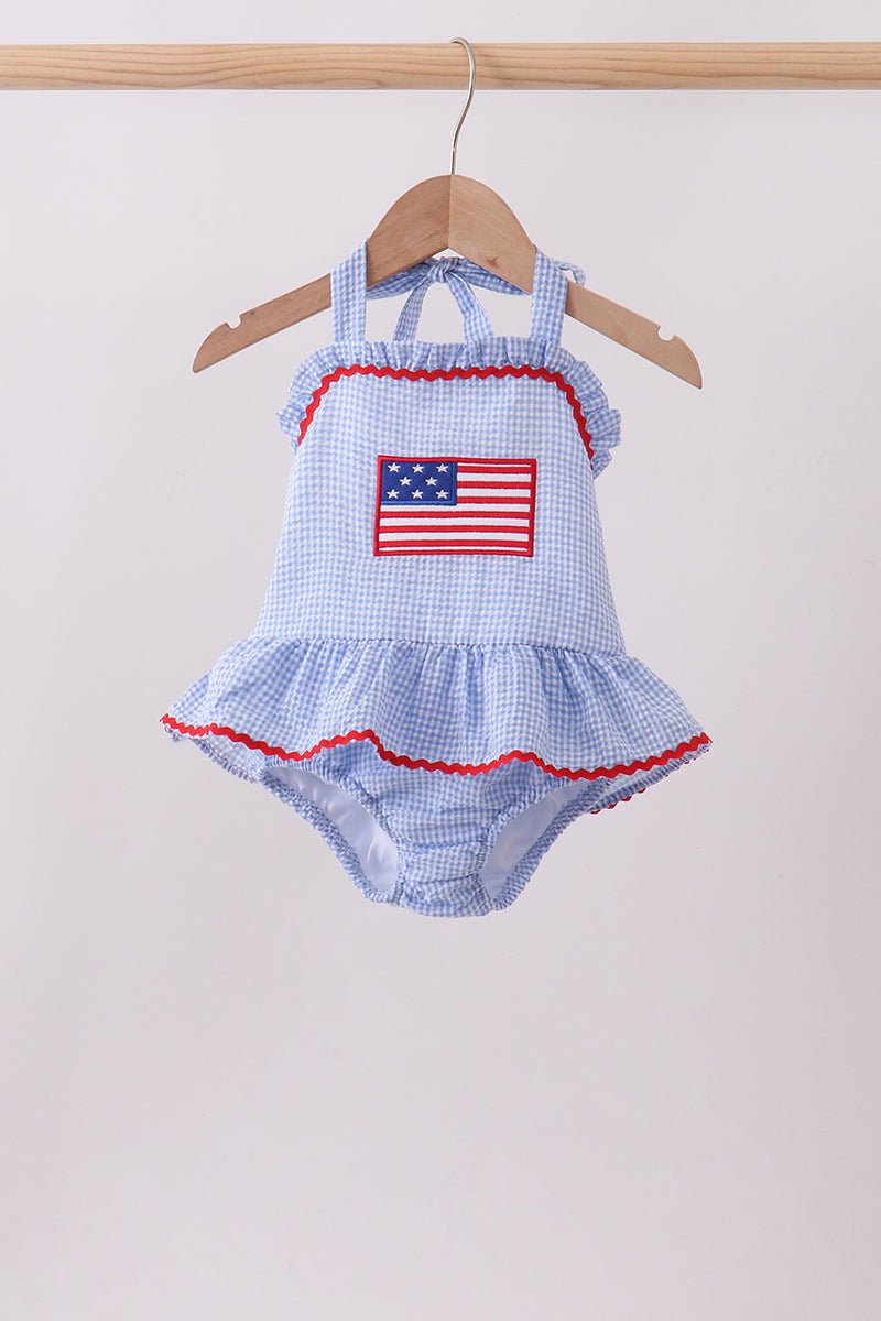 Blue flag applique gingham ruffle one-piece swimsuit - Abbies Place