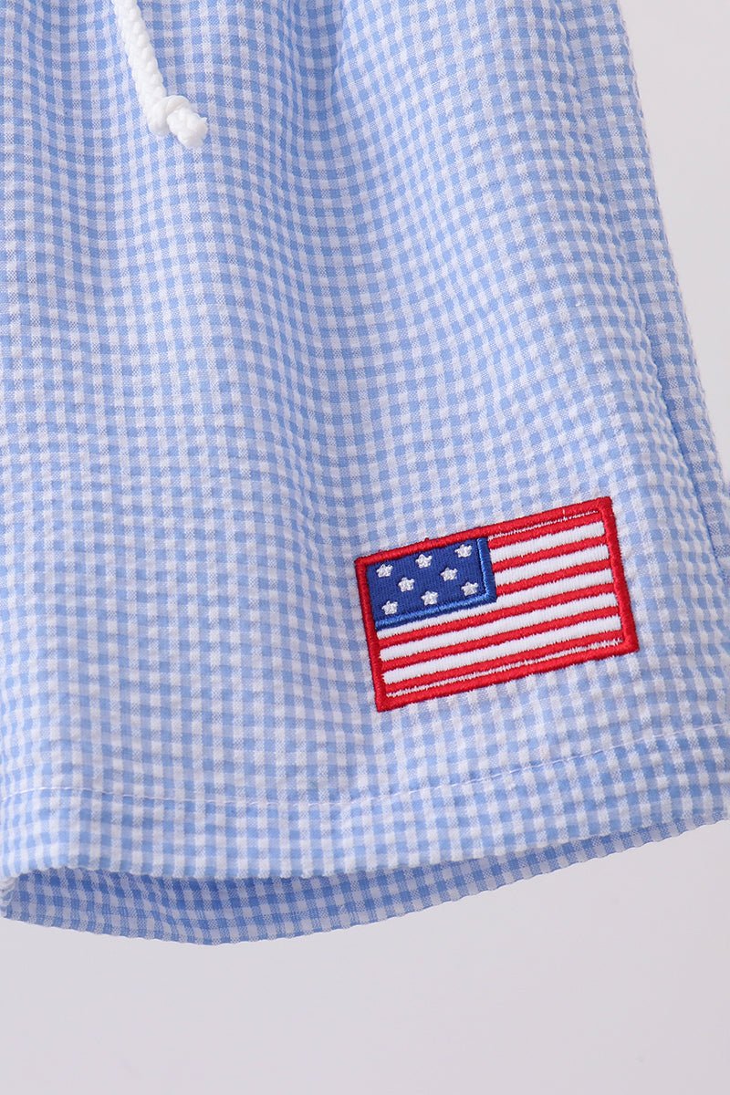 Blue flag embroidery gingham shorts - Abbies Place
