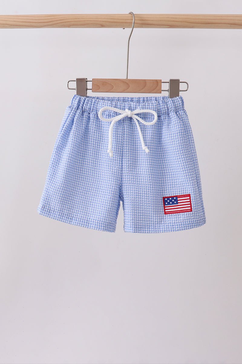 Blue flag embroidery gingham shorts - Abbies Place