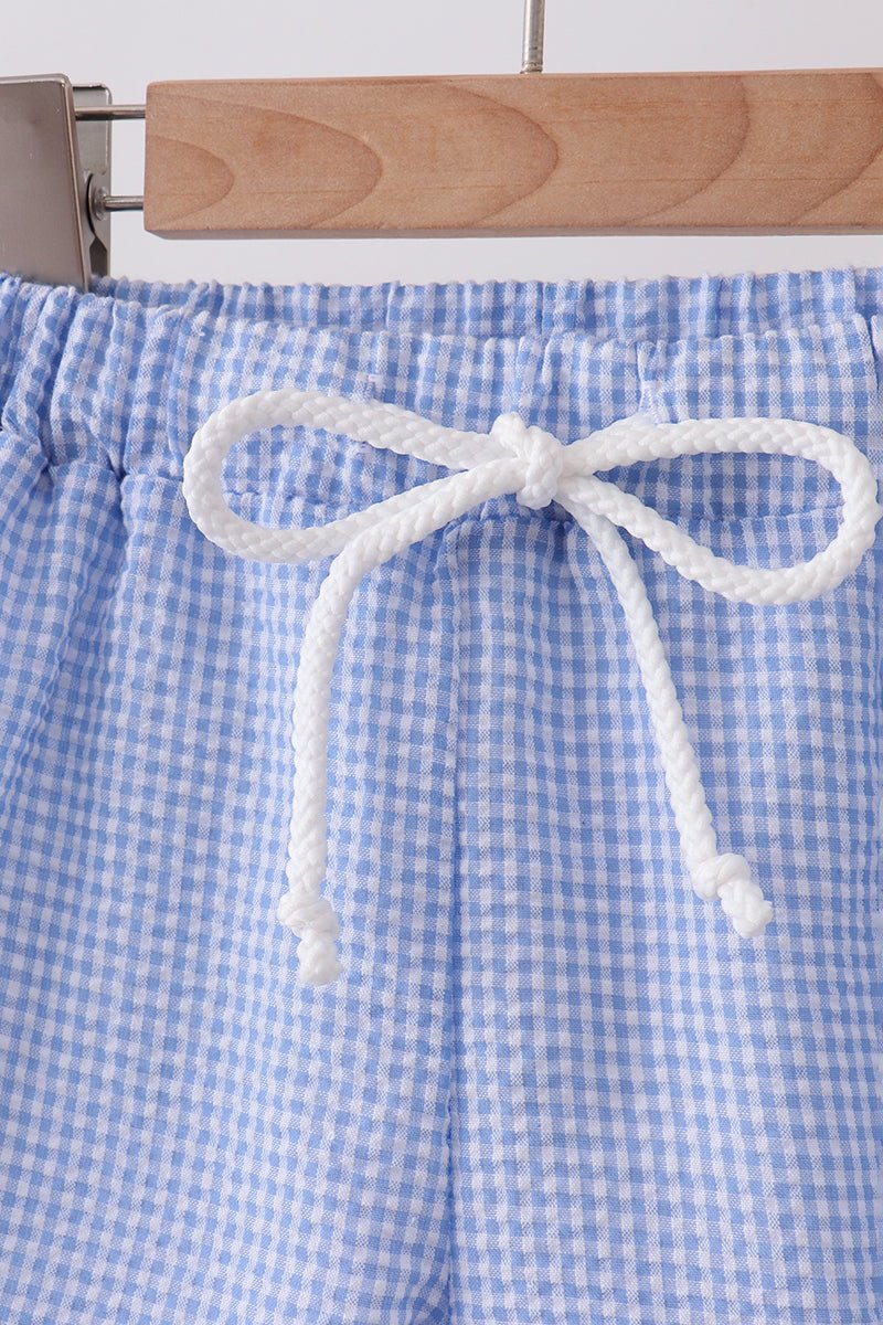 Blue flag embroidery gingham shorts - Abbies Place